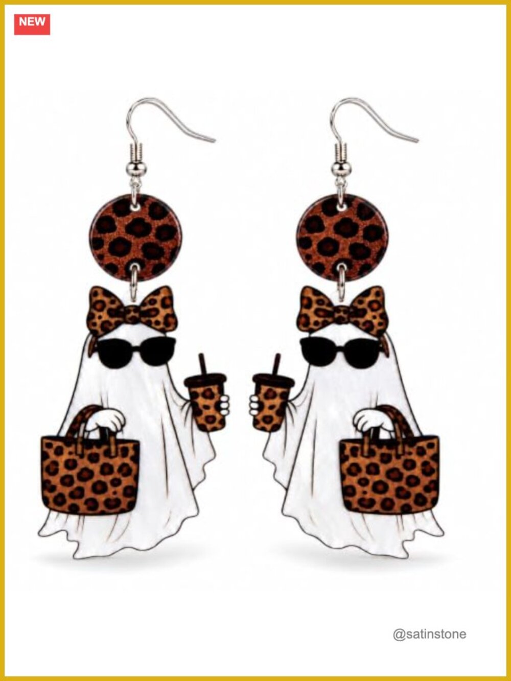 Halloween Ghost Dangle Earrings Acrylic Leopard Print Fall Jewelry Gift